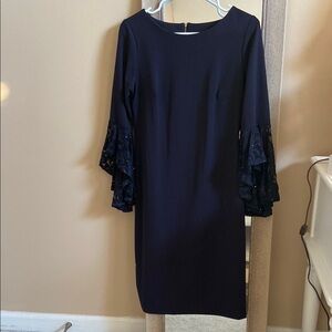 Elegant Navy Dress with Lace Sleeves